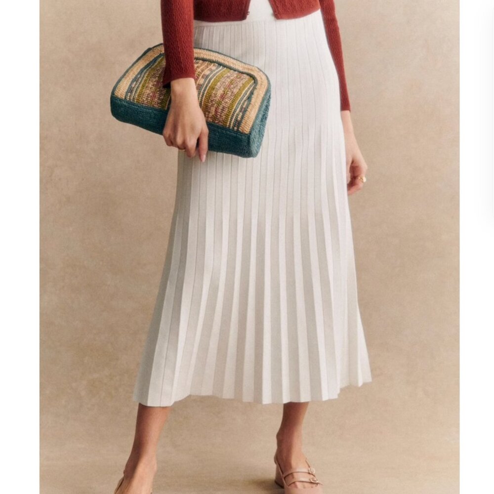 BEST Sezane Leonine Knit Midi Skirt Small Ecru Ivory Off White French Stretchy - Picture 2 of 11
